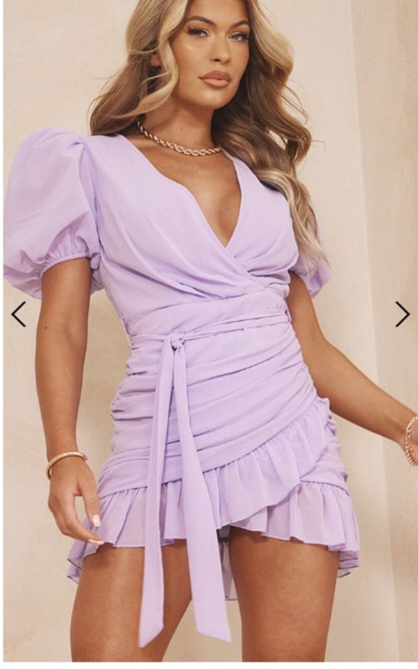 NWT PrettyLittleThing Lilac Puff Sleeve Wrap Mini Dress Size 4 Ruffle Hem
